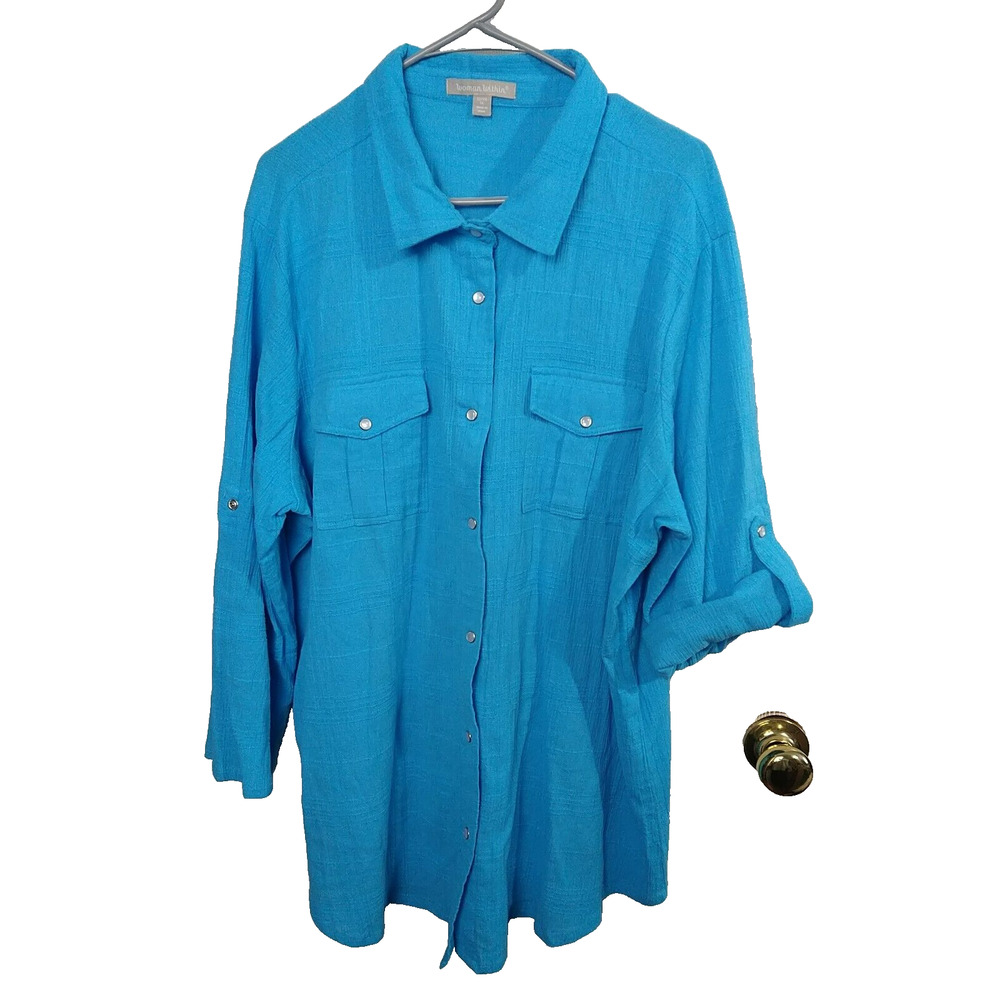 Woman Within Woman 22/24 Tunic Shirt Aqua Snap Close Roll Tab Sleeve Casual...